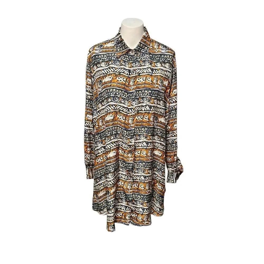 Via Max vintage burnt orange and blue print 3/4 sleeve button down long length s